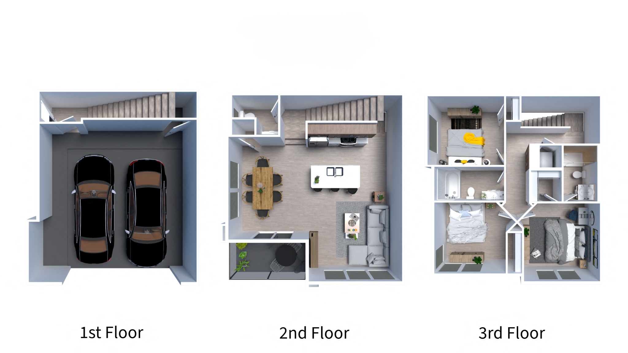 Floor plan for 3 beds, 2.5 baths, 1332 sqft